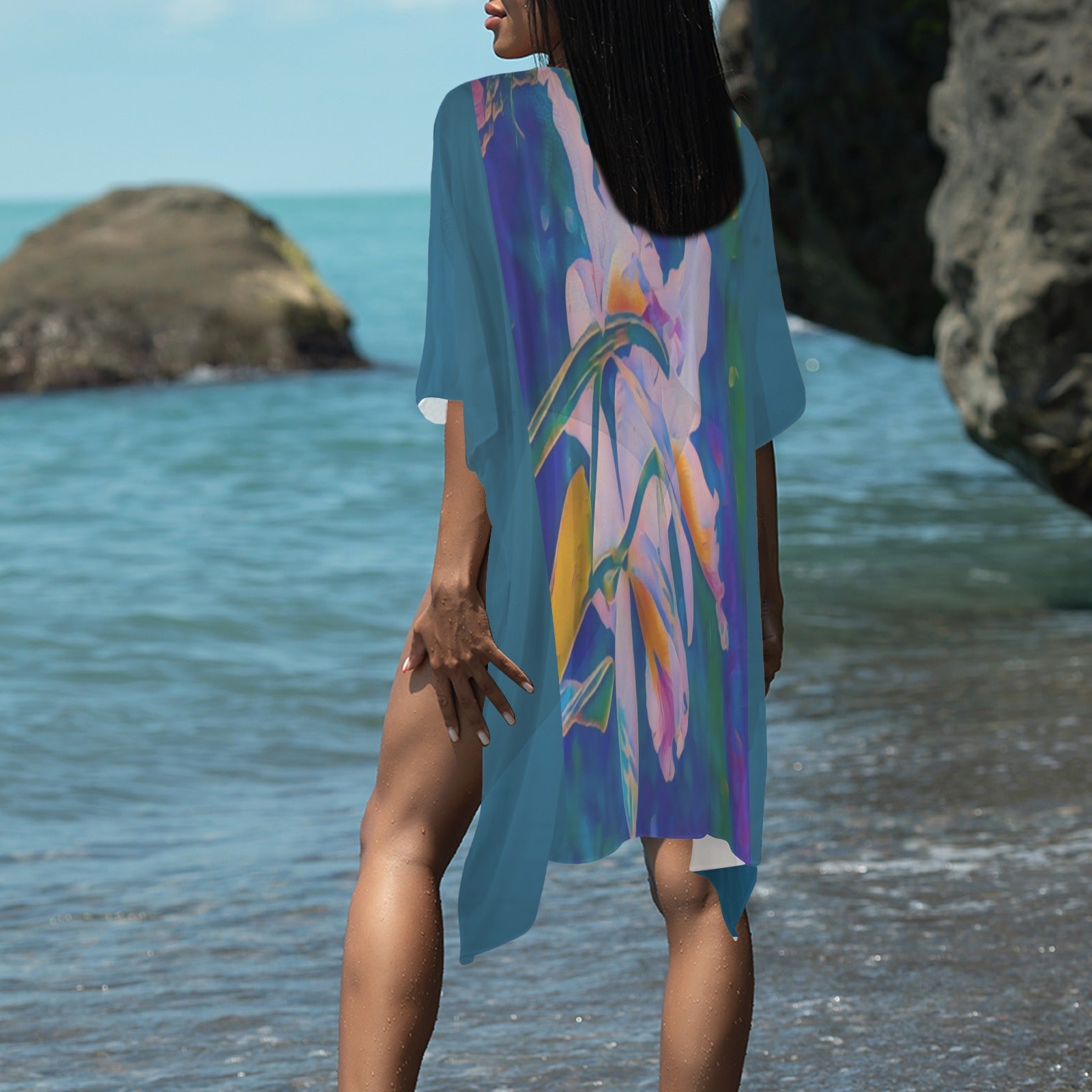 “Island Orchids Deep Teal" - Lightweight Kimono Cover-Up