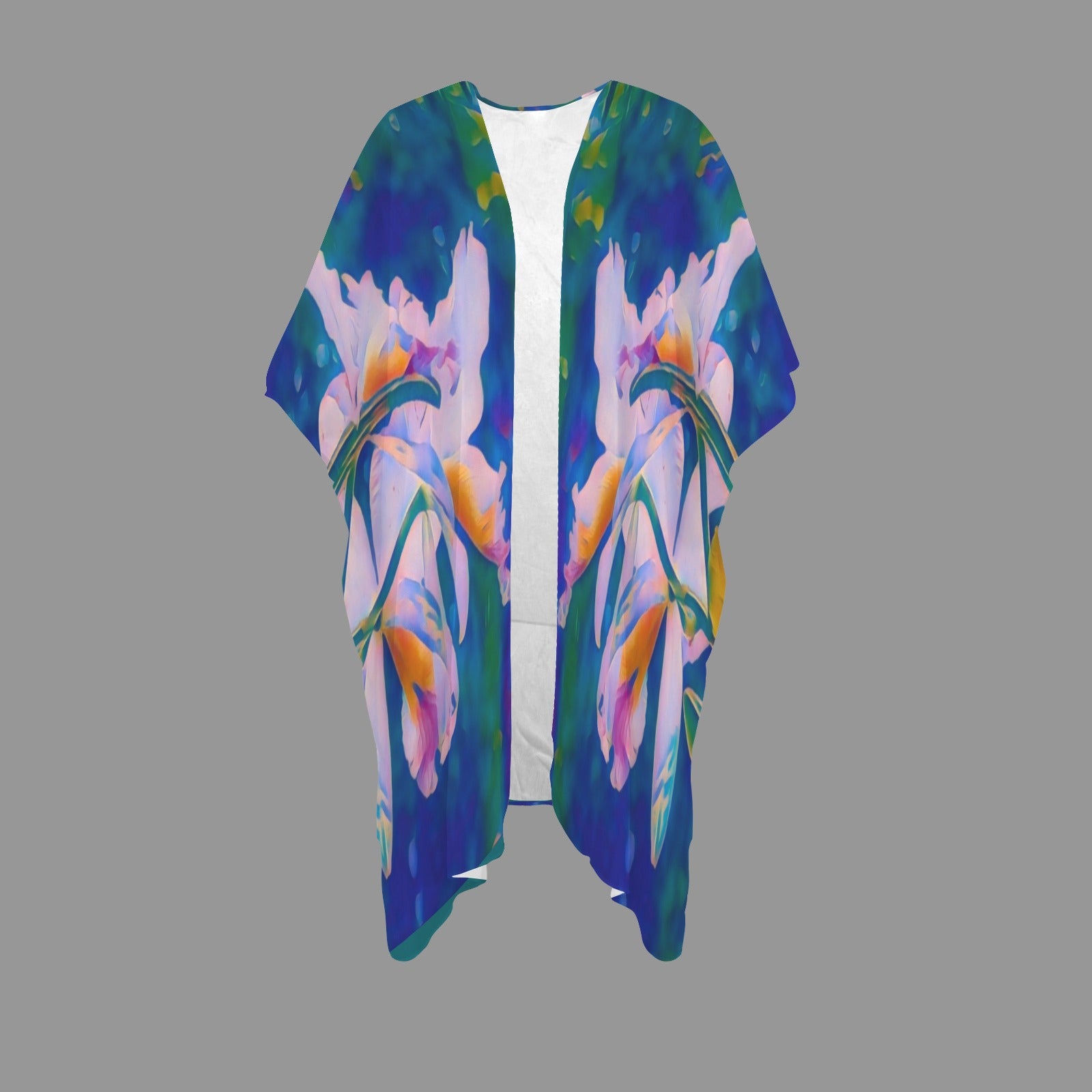 “Island Orchids Med.Teal''- Long Kimono Cover-Up