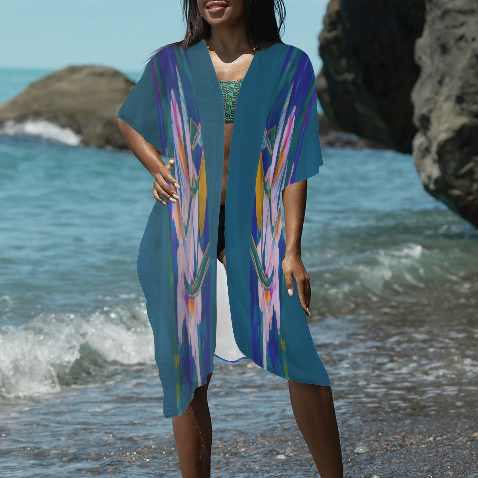 “Island Orchids Deep Teal" - Lightweight Kimono Cover-Up