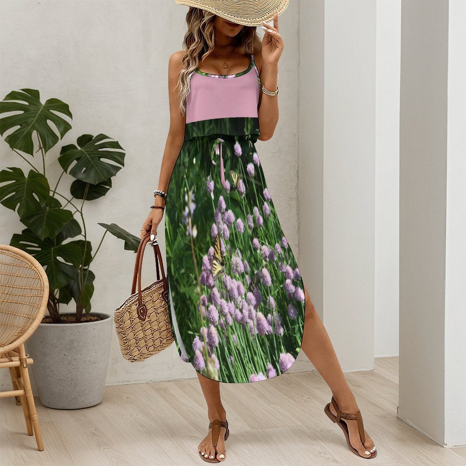 Custom Womens Spaghetti Strap Tie Waist Midi Dress