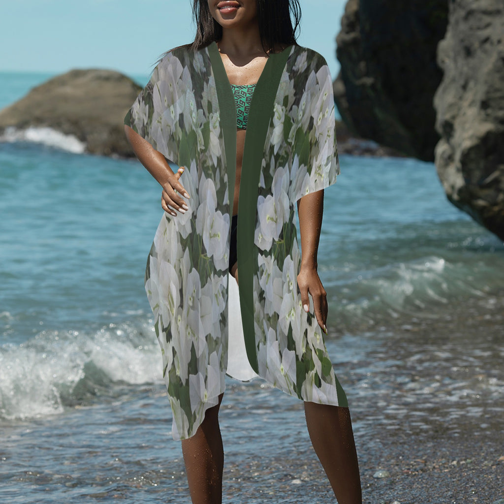 "White & Green" Floral Kimono