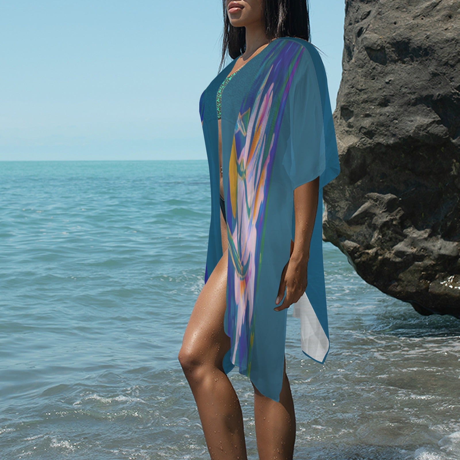 “Island Orchids Deep Teal" - Lightweight Kimono Cover-Up