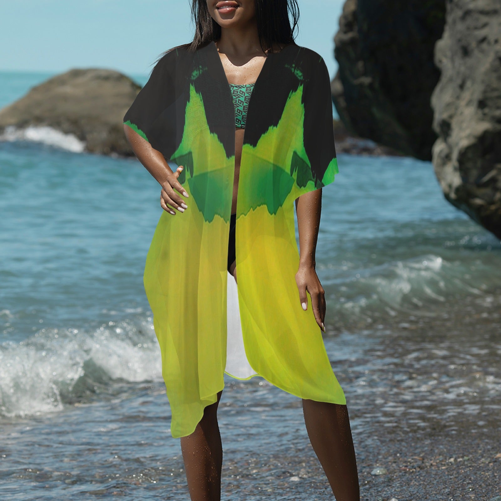"Greece Sunset-Verde" Long Kimono