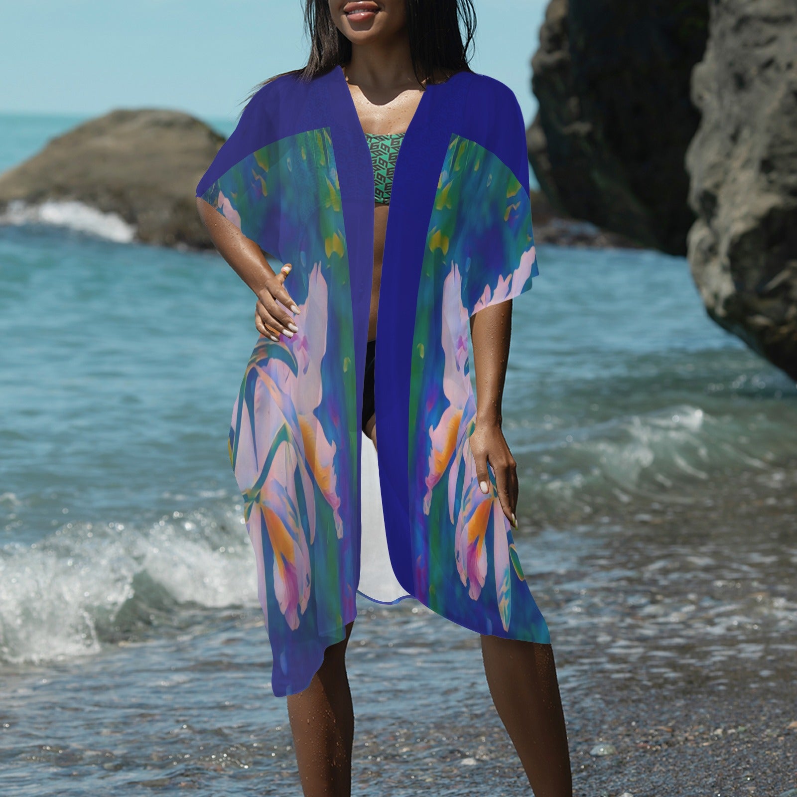 “Island Orchids Royal Blue” Long Kimono Cover-up