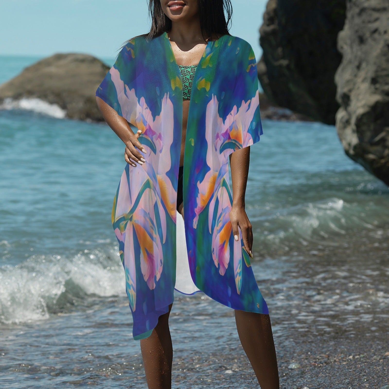 “Island Orchids Med.Teal''- Long Kimono Cover-Up
