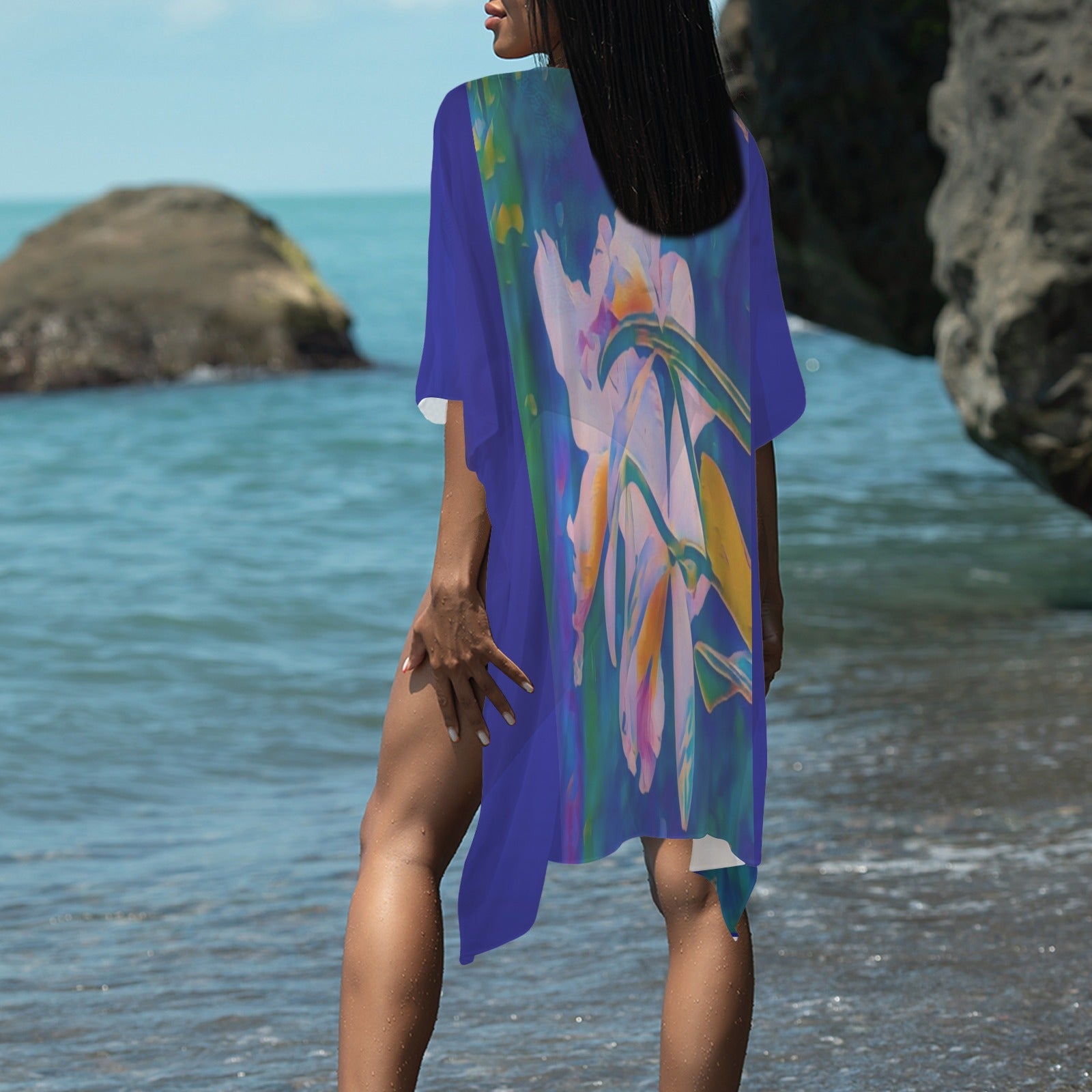 “Island Orchids Royal Blue” Long Kimono Cover-up