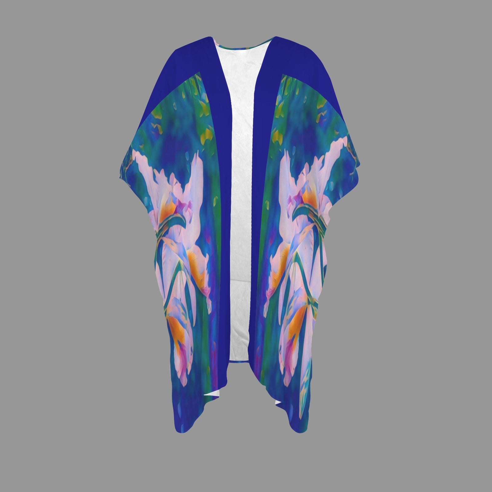 “Island Orchids Royal Blue” Long Kimono Cover-up
